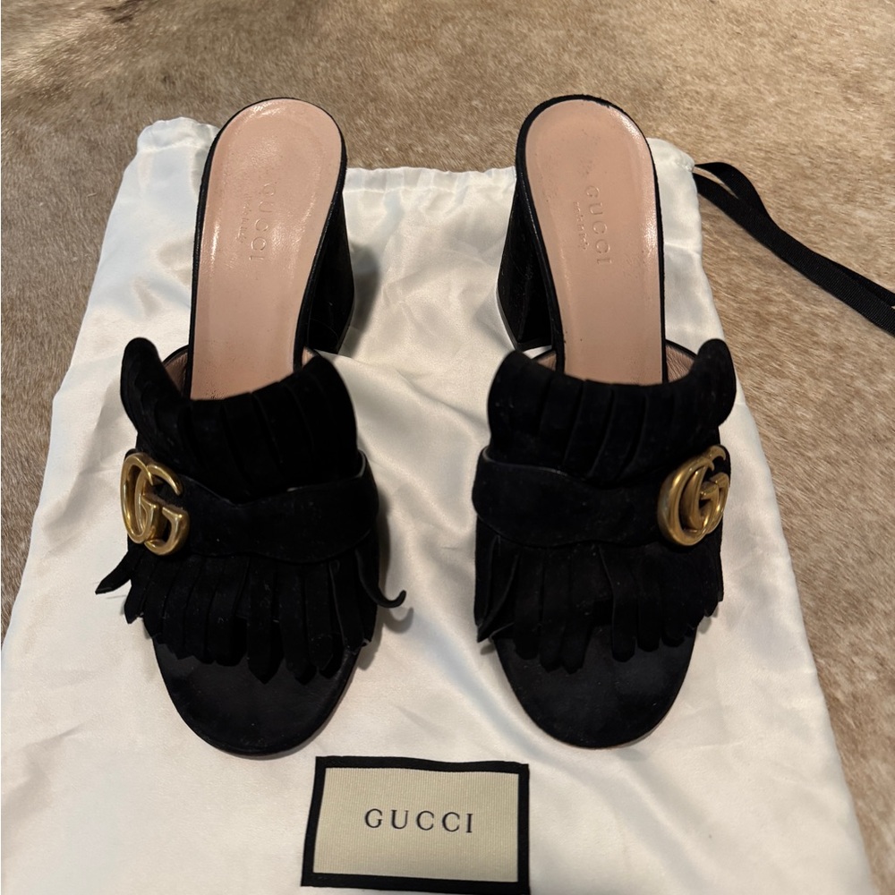 Gucci Black Suede GG Marmont Fringe Slide Sandal